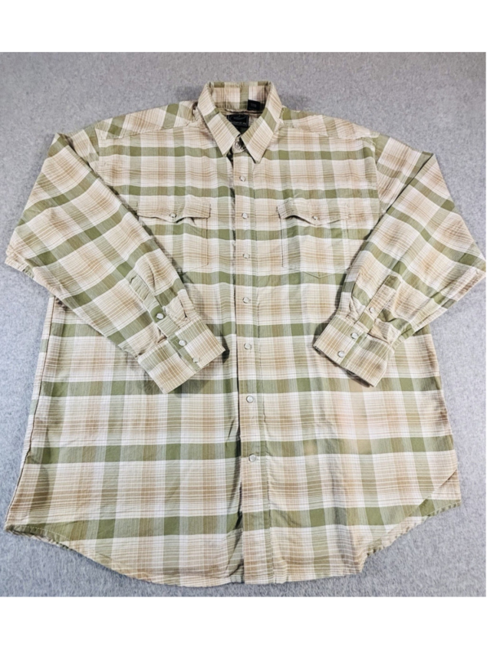Roper Western Shirt Mens XL Green Beige Plaid Pearl Snap‎ Long Sleeve Cotton